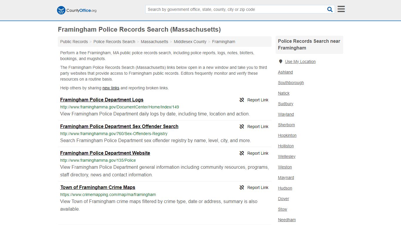 Framingham Police Records Search (Massachusetts) - County Office